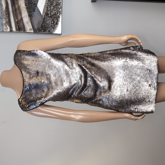 Zara Metallic Silver Sequin Mini Dress Womens Size Medium Sleeveless Shift Party - Picture 8 of 15